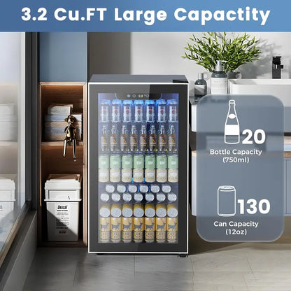 130-Can Mini Beverage Fridge  3.2 Cu. Ft. Compact Refrigerator with Adjustable Temp Control, Ideal for Home, Office or Bar (Black)
