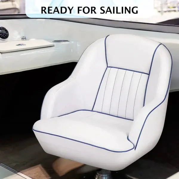 White & Blue Pontoon Boat Captain’s Seat  Fold-Back Backrest, Cabin-Ready