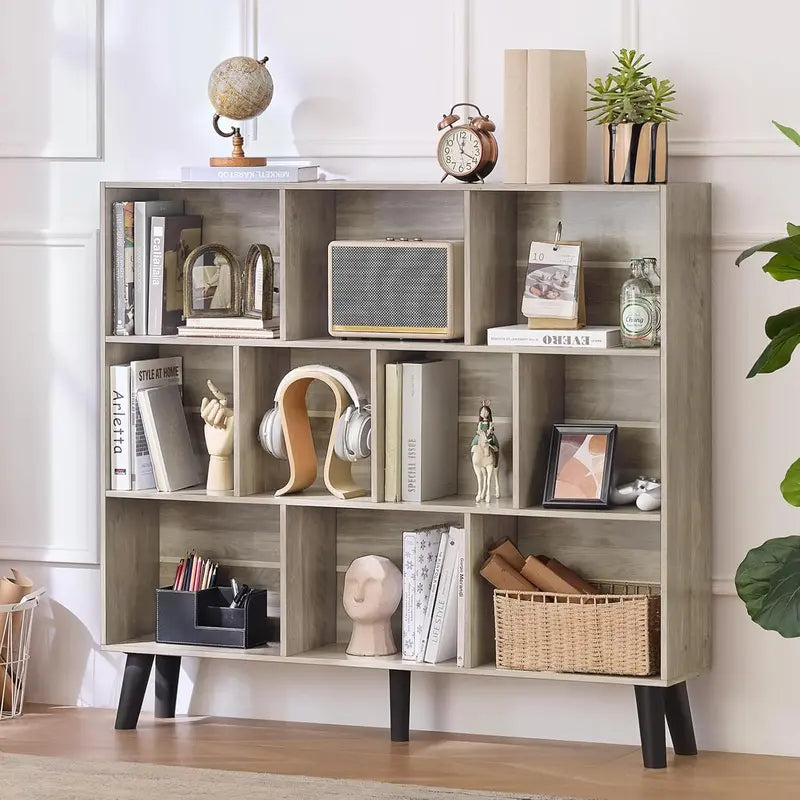 LEYAOYAO Natural Wood 7-Cube Bookshelf  Modern Open-Back Storage Unit with Solid Legs