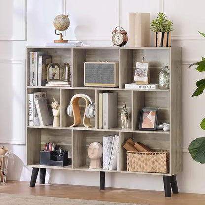 LEYAOYAO Natural Wood 7-Cube Bookshelf  Modern Open-Back Storage Unit with Solid Legs