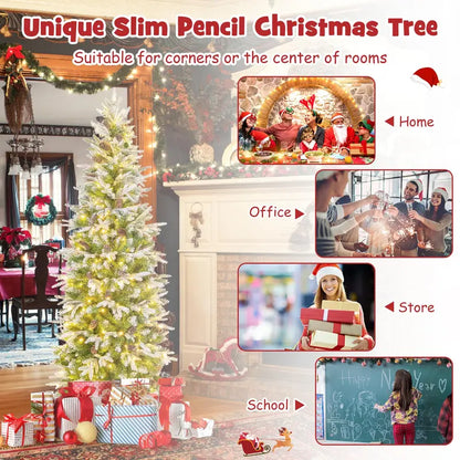 6-Foot Pre-Lit Pencil-Style Artificial Christmas Tree with Snow Flocking and 280 Warm-White LEDs