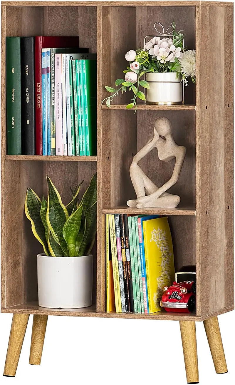 LEYAOYAO Natural Wood 7-Cube Bookshelf  Modern Open-Back Storage Unit with Solid Legs