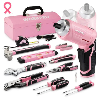 WORKPRO 55/75-Piece Pink Household Tool Set  Includes 3.7V Rotatable Cordless Screwdriver and Pink Ribbon Accents