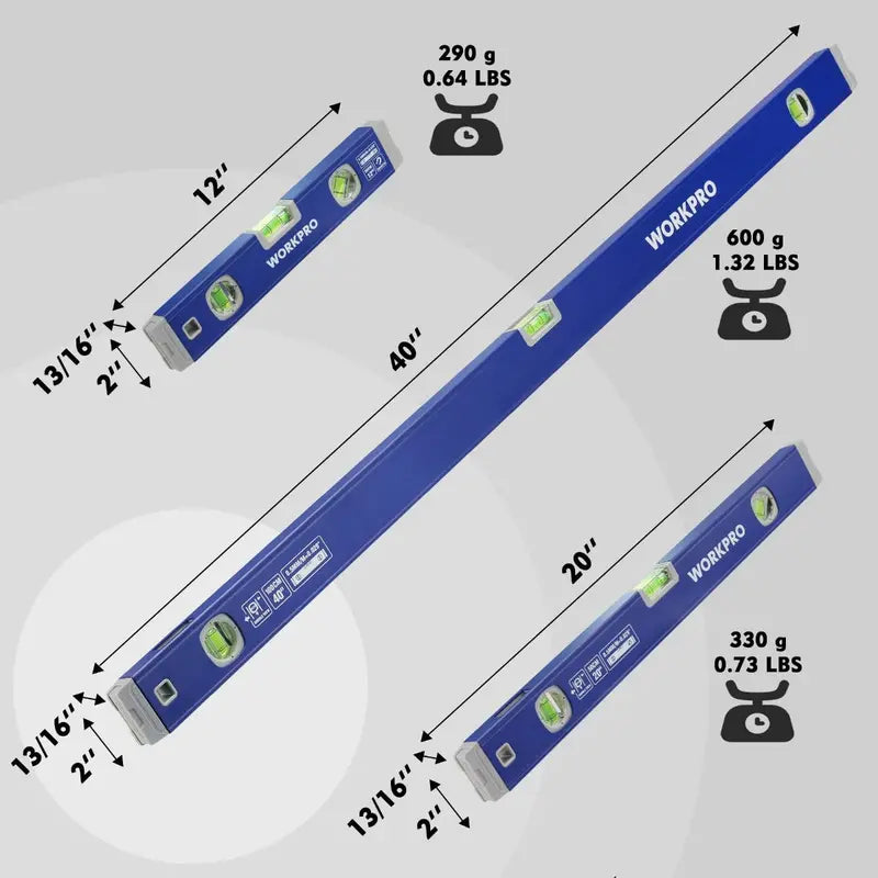 WORKPRO Triple-Length Spirit Level Set  12″, 20″, and 40″ Aluminum Levels