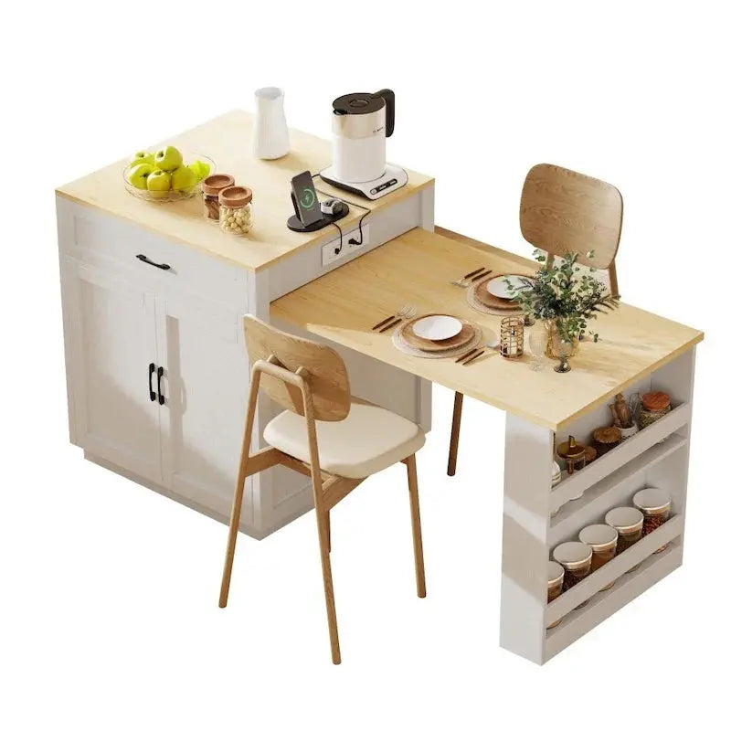 Expandable Wooden Kitchen Island  82.7″ 46 Person Unit with Drop-Leaf Table & Dual Storage Compartments