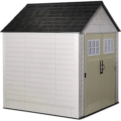 Rubbermaid 7′ x 7′ Outdoor Storage Shed  Weatherproof Resin Garden Shed with Windows & Hooks (Sand Finish)