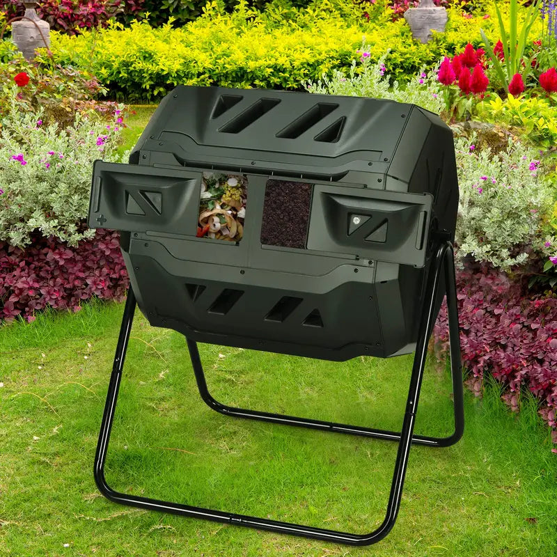 Dual-Bin 43-Gallon Rotating Compost Tumbler with Dual Sliding Access Doors