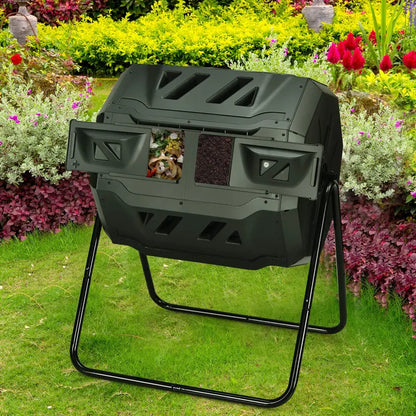 Dual-Bin 43-Gallon Rotating Compost Tumbler with Dual Sliding Access Doors