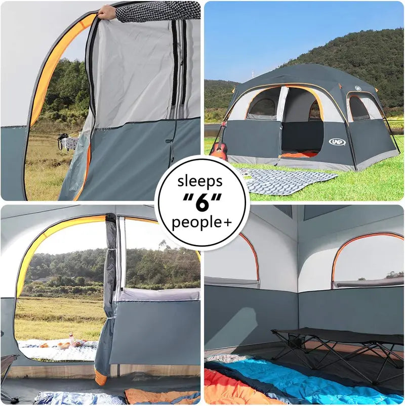 6-Person All-Weather Camping Tent  Double-Layer Design, 1 Mesh Door + 5 Large Windows, 10′ x 9′ x 78″