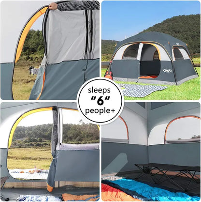 6-Person All-Weather Camping Tent  Double-Layer Design, 1 Mesh Door + 5 Large Windows, 10′ x 9′ x 78″