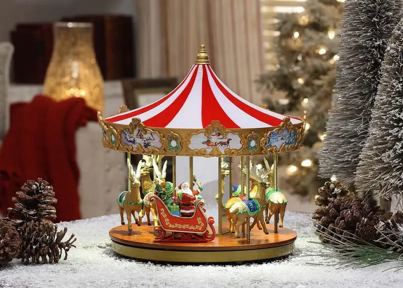 Musical Holiday Carousel Decor  Dual-Set Animated Ferris Wheel & Merry-Go-Round (15″ Gold + 12″ Red)