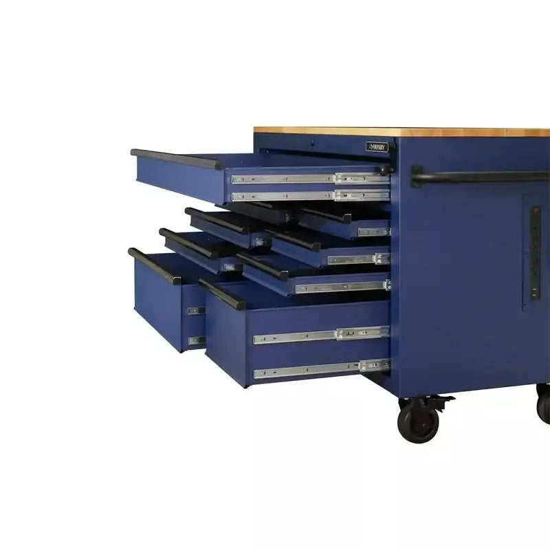 52 in. Matte Blue Mobile Workbench  9-Drawer Adjustable-Height Unit with Solid Wood Top
