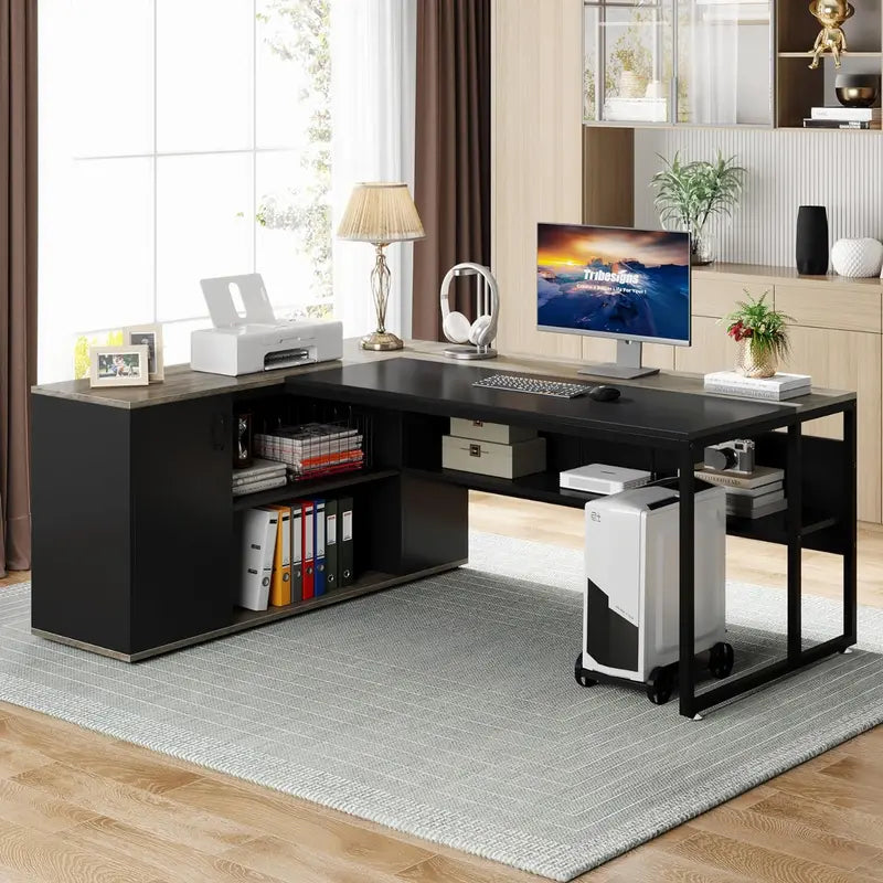 71-Inch L-Shaped Executive Desk  Office Workstation with Cabinet Storage, Shelves & Dual-Tone Finish (Brown/Black)