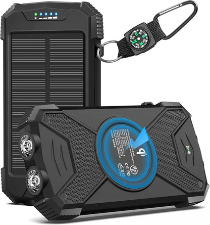 Compact 10000mAh Solar Power Bank with 20W Wireless Charging Support