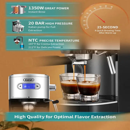Gevi GECME400BA-U 20 Bar Espresso Machine, Fast Heating, Automatic Coffee Maker with Milk Frother, Black, Stainless Steel
