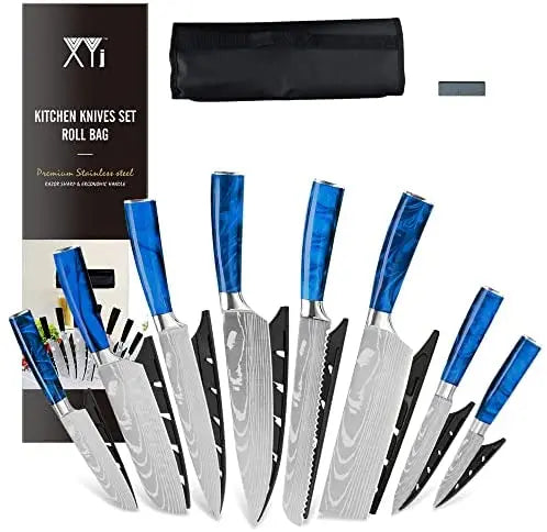 XYJ Stainless Steel 8-Piece Kitchen Knife Set with Ergonomic Handles, Sheaths & Carry Case