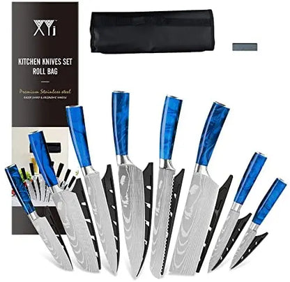 XYJ Stainless Steel 8-Piece Kitchen Knife Set with Ergonomic Handles, Sheaths & Carry Case