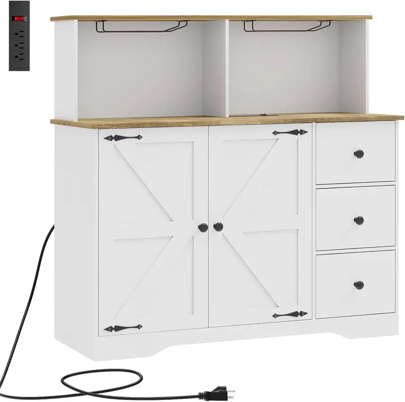 White Farmhouse Coffee Bar Buffet  Dual-Door Cabinet with Power Outlets, Glass Holder & 3 Drawers