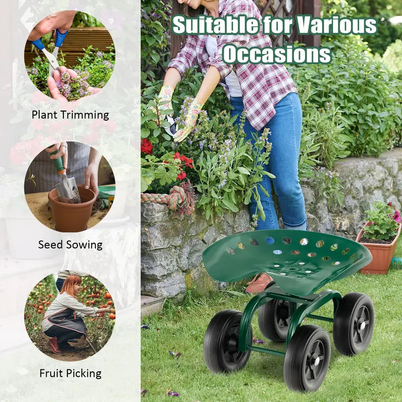 Wheeled Garden Utility Cart, Adjustable Swivel-Seat Cart for Lawn and Landscape Tasks