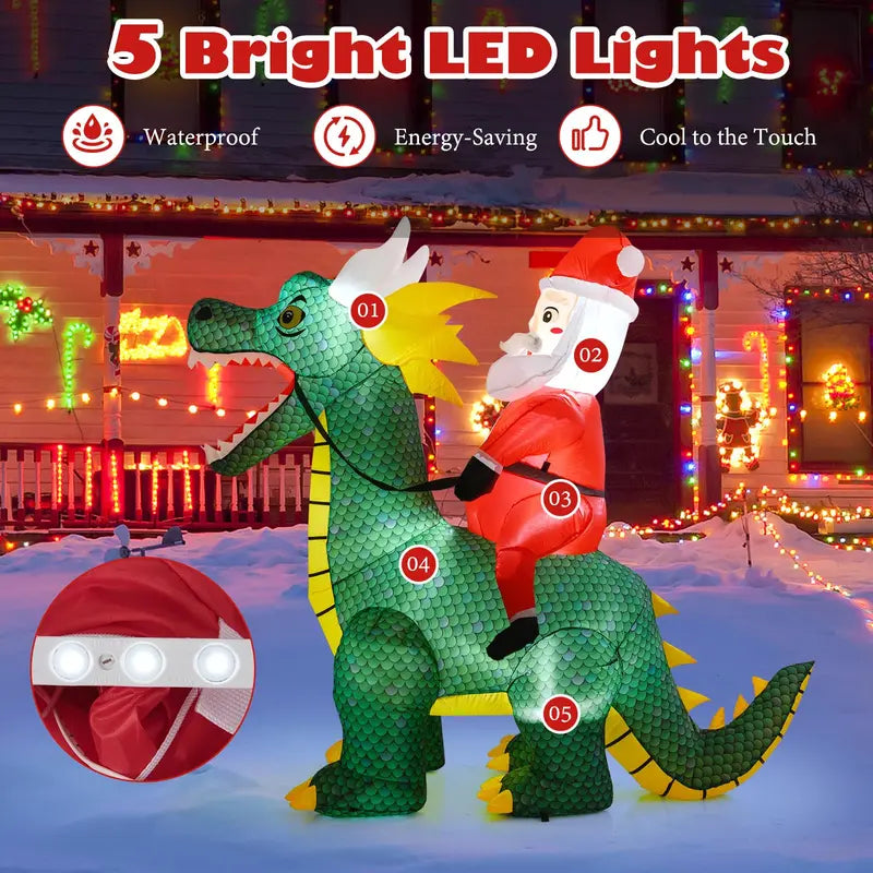 6.7-Foot Inflatable Santa on Dinosaur  Outdoor Holiday Decoration with Built-in Lights and Ground Stakes