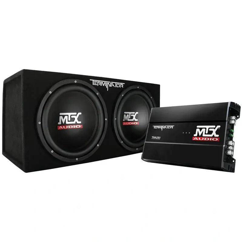 MTX 12″ Dual-Voice-Coil Car Subwoofer System  Includes Enclosed Box, Amplifier, and Complete QPower Wiring Kit
