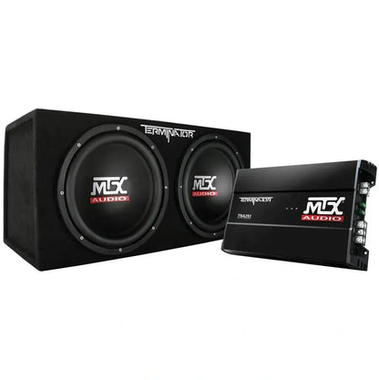 MTX 12″ Dual-Voice-Coil Car Subwoofer System  Includes Enclosed Box, Amplifier, and Complete QPower Wiring Kit