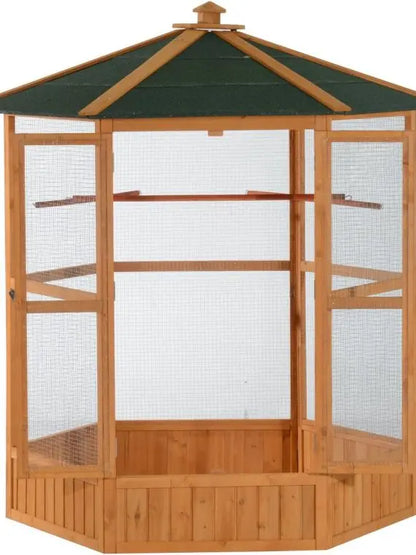 Hexagonal Wooden Outdoor Aviary Bird Cage with Covered Roof  Large