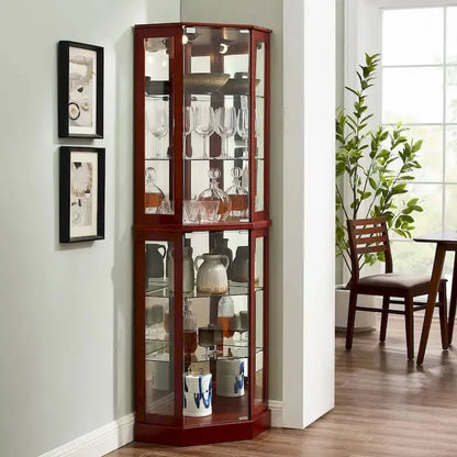 Cherry-Finished Corner Curio Cabinet  6-Tier Display Shelf with Interior Lighting & Adjustable Mirrored Back