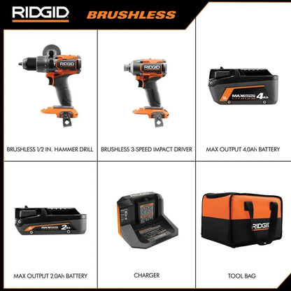 RIDGID 18V Brushless Cordless 2-Tool Combo Kit with Hammer Drill, Impact Driver, (2) Batteries, Charger, and Bag R9208