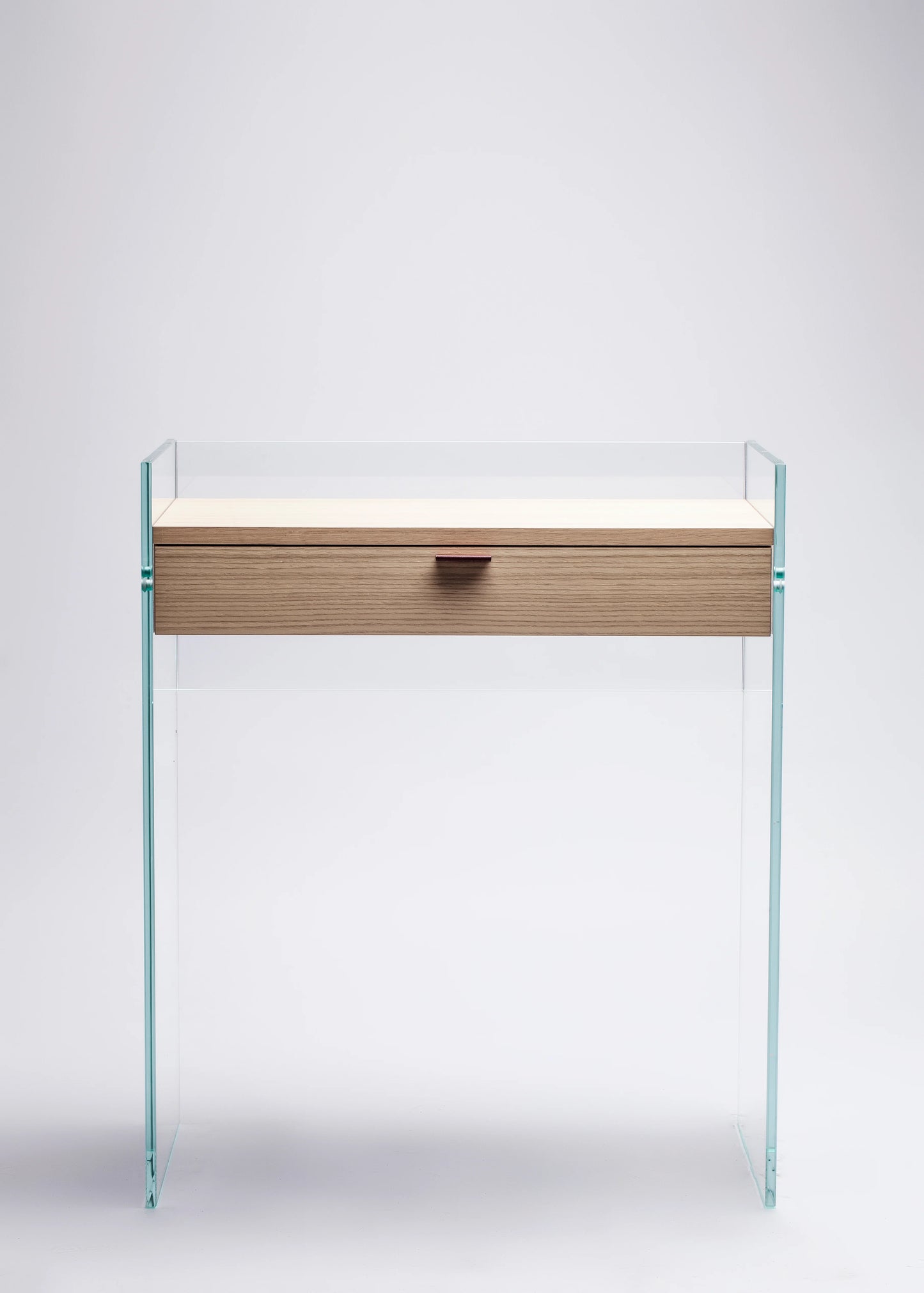 Bureau Console Zen 13 | Verre Trempé, Tiroir Bois et Poignée Cuir