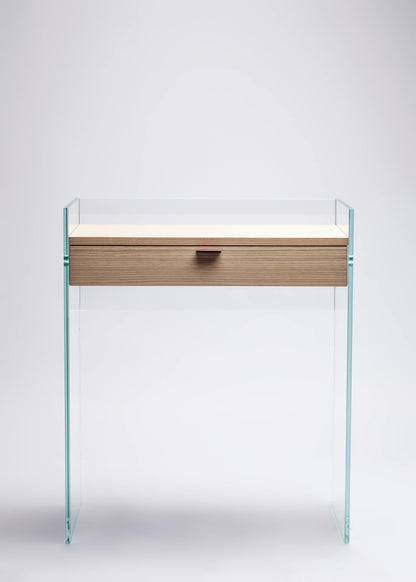 Bureau Console Zen 13 | Verre Trempé, Tiroir Bois et Poignée Cuir