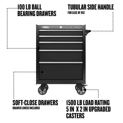 2000 Series Rolling Tool Cabinet — 26.5-in Wide × 37.5-in Tall, 5-Drawer Steel Storage Unit (Black)