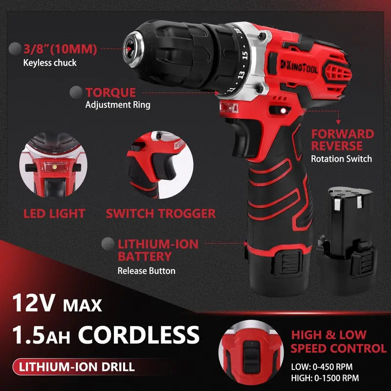 KingTool 276-Piece Cordless Tool Kit  Includes 12V Drill, Bits, and Organized Storage Case