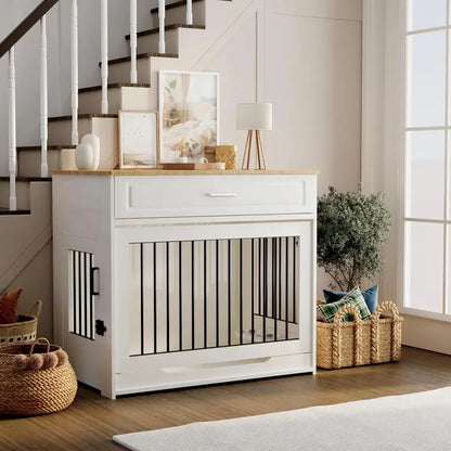 Wooden Dog Crate Furniture  Stylish Indoor Kennel with Rotating Bowl, Flip-Up Door & Storage Drawer