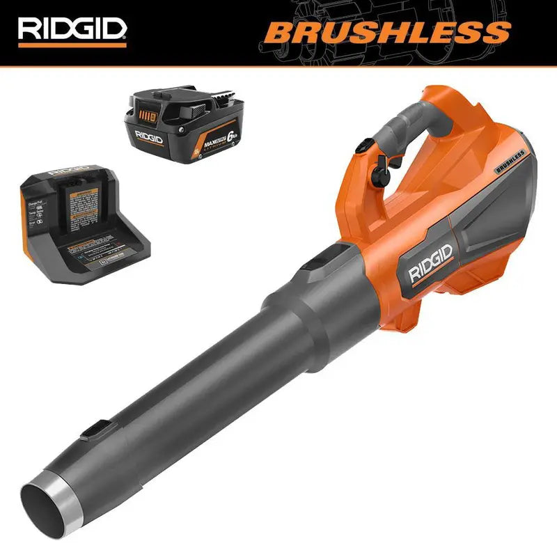 RIDGID 18V Brushless Cordless Leaf Blower  510 CFM, 130 MPH, Includes 6.0Ah Battery &amp; Charger