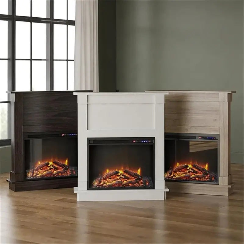 Ameriwood Home Ellsworth Electric Fireplace Console  White Mantel Unit with Built-In Heater and Ambient Glow