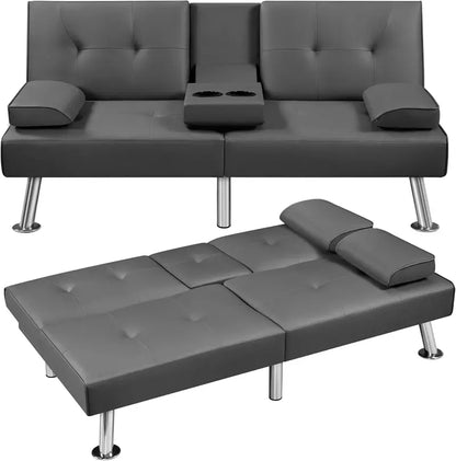 Yaheetech Faux Leather Convertible Sofa Bed  Reversible Loveseat with Removable Arms & 3-Position Recline