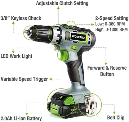 WORKPRO 20V Variable-Speed Drill Driver: 3/8″ Chuck, 18+2 Torque Settings, 2.0Ah Battery & Quick Charger