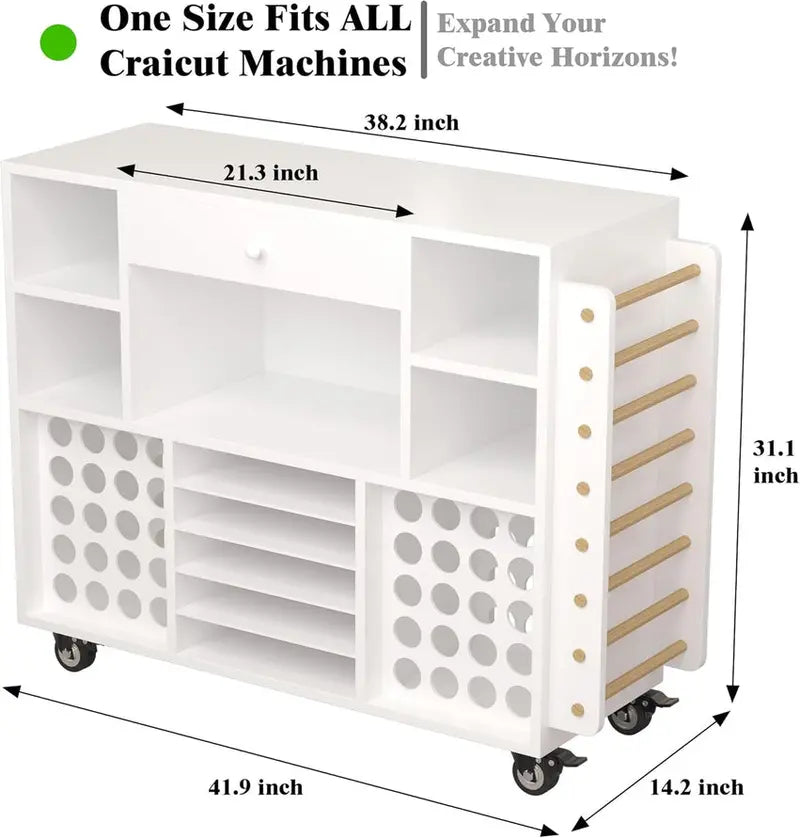 Rolling Craft Storage Cart for Cricut Machines  Mobile Workstation with Large Drawer, 48-Spool Vinyl Holder & Tabletop Surface