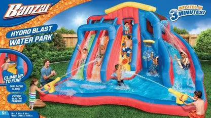 BANZAI Hydro Blast Inflatable Water Park  Triple Slide, Basketball Hoop & Water Cannons in Dura-Tech Material