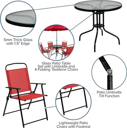 EMMA + OLIVER 6-Piece Brown Patio Set — Umbrella Table and Four Foldable Chairs
