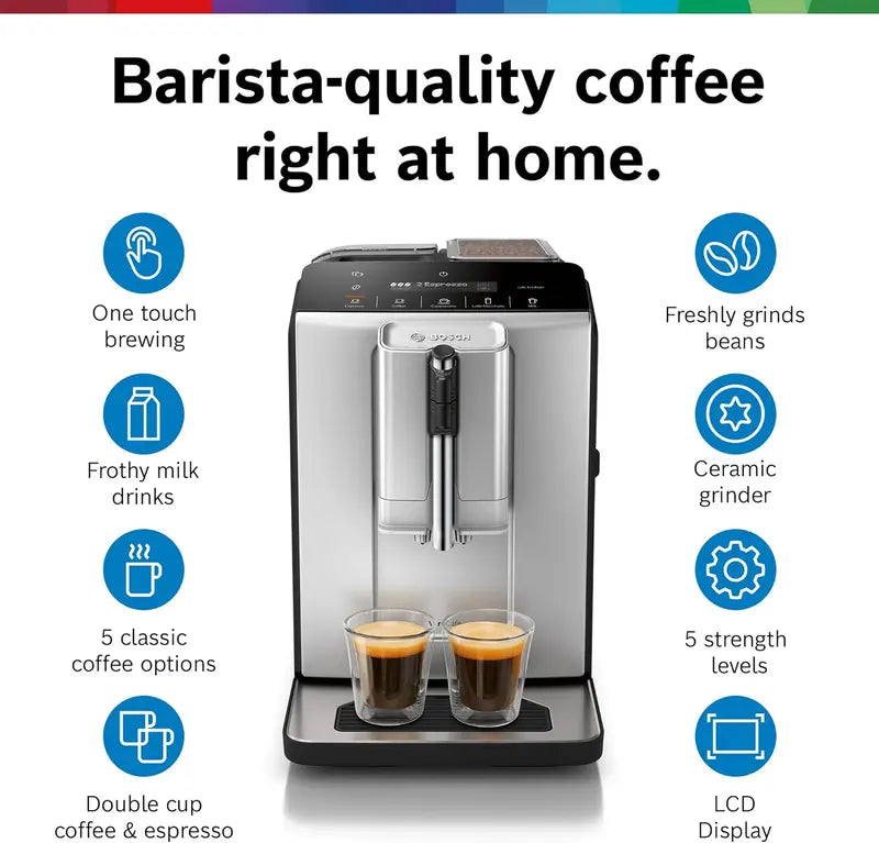 Bosch TIU20307 Fully Automatic Espresso Machine  One-Touch Barista Drinks, Large Bean Hopper, Easy Maintenance
