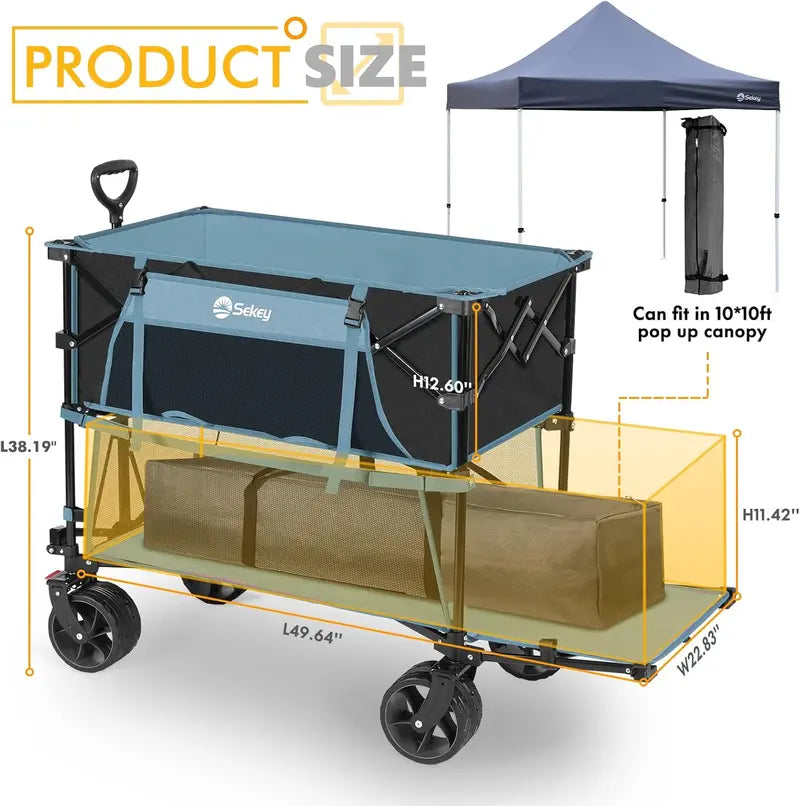50″ Extended Double-Decker Wagon  Brake-Equipped 500 lb Folding Utility Cart with Extra-Long Frame