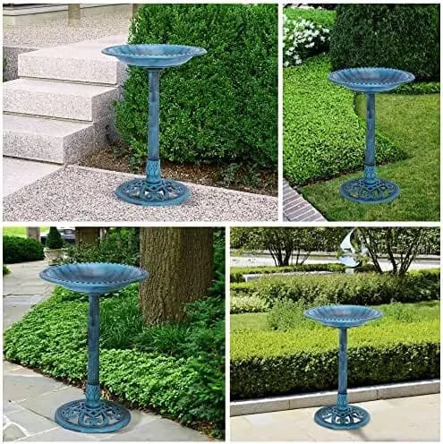 Blue Patina Antique Bird Bath  Lightweight, Weather-Resistant, 20″ Diameter, Sturdy Base for Outdoor Garden