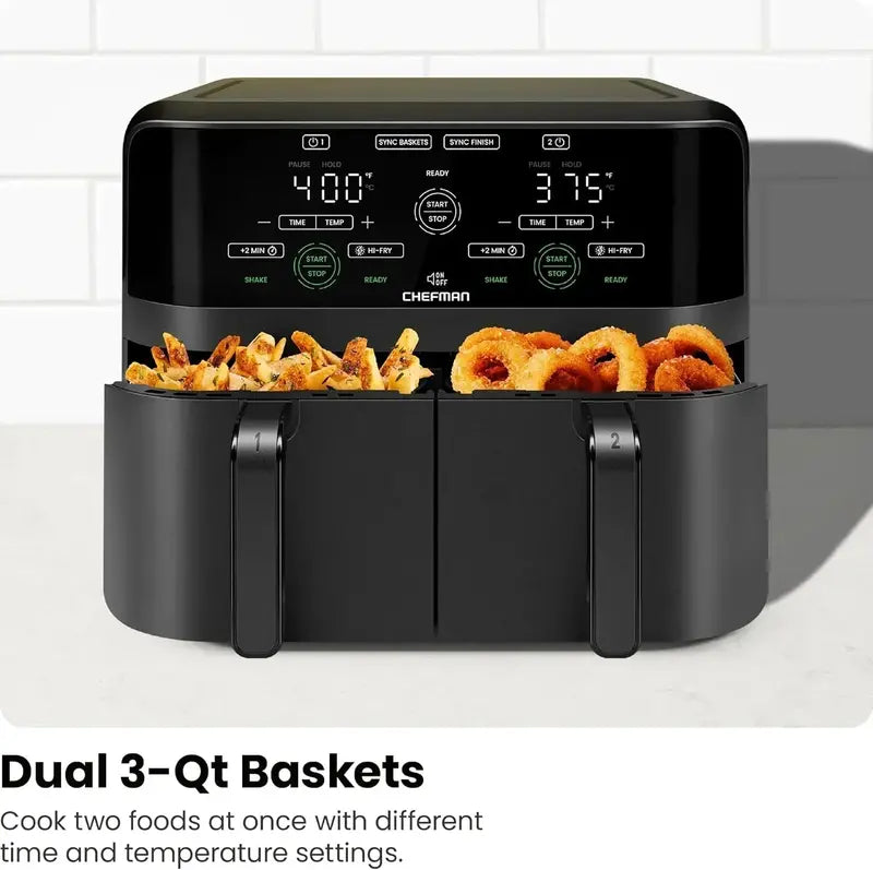 Chefman Dual-Basket Digital Air Fryer — 6-Quart Smart Sync Touchscreen with High-Performance Frying
