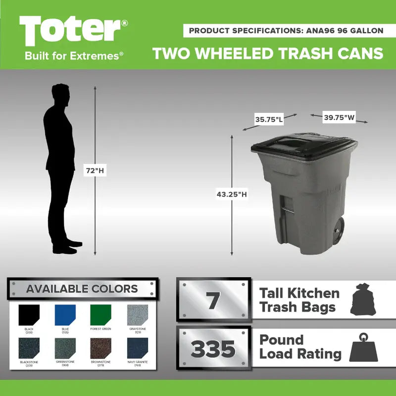 Toter 96-Gallon Wheeled Trash Can with Smooth-Rolling Casters and Secure Lid