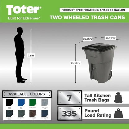 Toter 96-Gallon Wheeled Trash Can with Smooth-Rolling Casters and Secure Lid