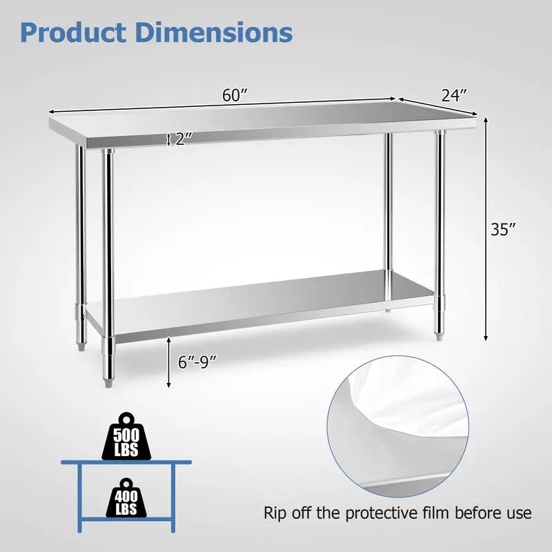 24″ x 60″ Stainless Steel Kitchen Prep Table with Adjustable Under-Shelf and Leveling Feet