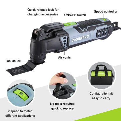 WORKPRO 3-Amp Oscillating Multi-Tool  Quick-Lock Design, 7 Speeds, 3° Oscillation, 17 Accessories + Carry Bag
