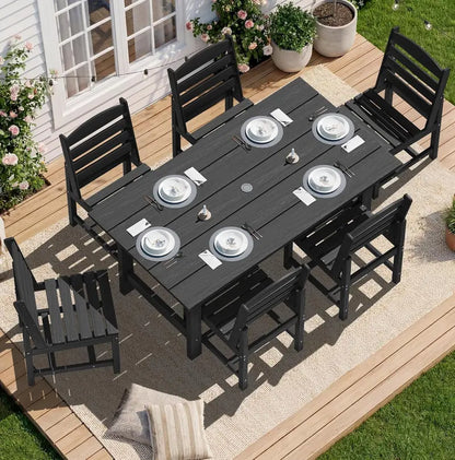 SERWALL 7-Piece Blue HDPE Outdoor Dining Set with Umbrella Hole and Stackable Chairs